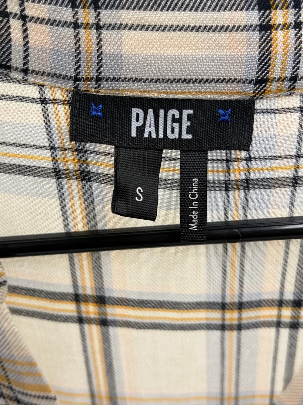 PAIGE Annecy White Plaid Tie-Hem Button-Down Top Tan & Black Lines Size Small - Picture 4 of 6